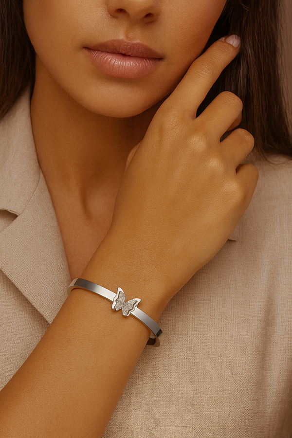 Elegant Stainless Steel Butterfly Bracelet for Women – Silver Tone | Minimalist Bangle with Sparkling Butterfly Charm