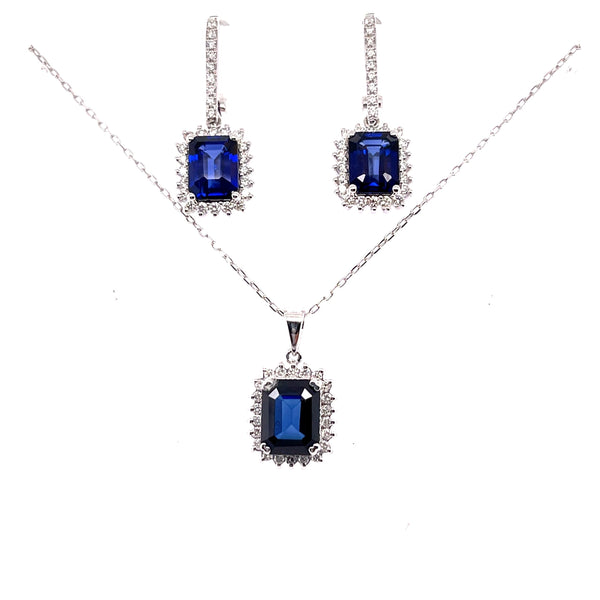 Royal Blue Emerald-Cut Crystal Jewellery Set for Women (Necklace & Earrings) – Silver-Plated | Bridal & Party Wear